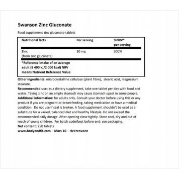 Swanson Zinc Gluconate 30 mg 250 таб-1